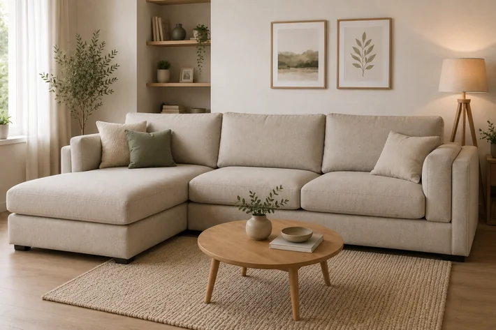Canapé d'angle beige avec méridienne dans un salon lumineux